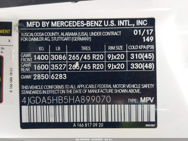 2017 Mercedes-benz Gle 350 4matic მანქანა იყიდება აუქციონზე, vin: 4JGDA5HB5HA899070, აუქციონის ნომერი: 44935559