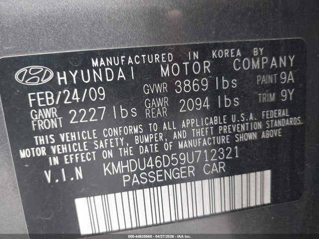 Продаж на аукціоні авто 2009 Hyundai Elantra Gls, vin: KMHDU46D59U712321, номер лоту: 44935568