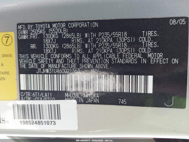 Auction sale of the 2006 Lexus Rx 400h, vin: JTJHW31U460021363, lot number: 44935573
