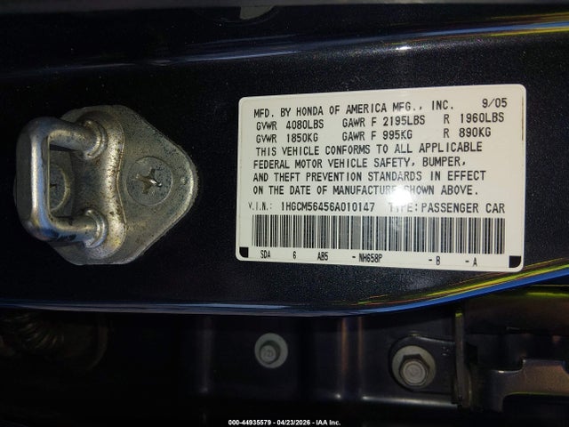 Aukcja sprzedaży 2006 Honda Accord 2.4 Lx, vin: 1HGCM56456A010147, numer aukcji: 44935579