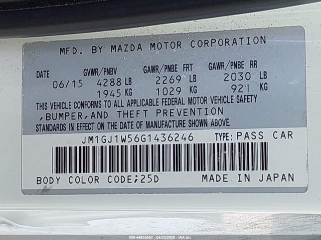 2016 Mazda Mazda6 I Grand Touring მანქანა იყიდება აუქციონზე, vin: JM1GJ1W56G1436246, აუქციონის ნომერი: 44935597