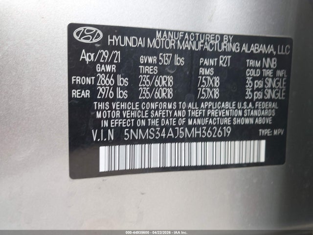 Aukcja sprzedaży 2021 Hyundai Santa Fe Sel, vin: 5NMS34AJ5MH362619, numer aukcji: 44935600