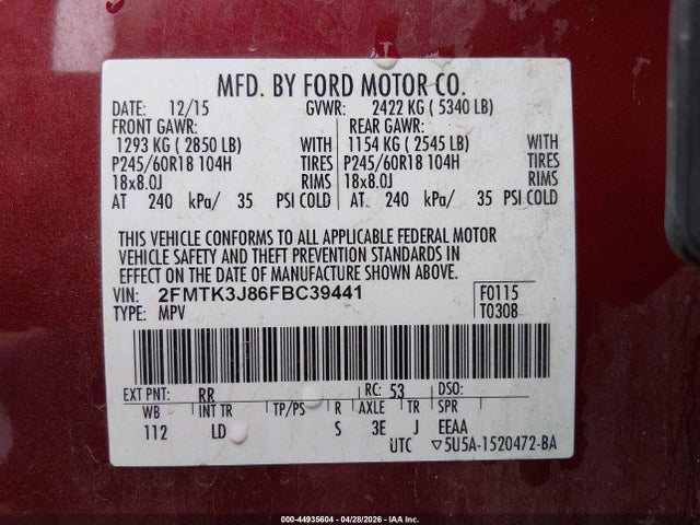 Продажа на аукционе авто 2015 Ford Edge Sel, vin: 2FMTK3J86FBC39441, номер лота: 44935604