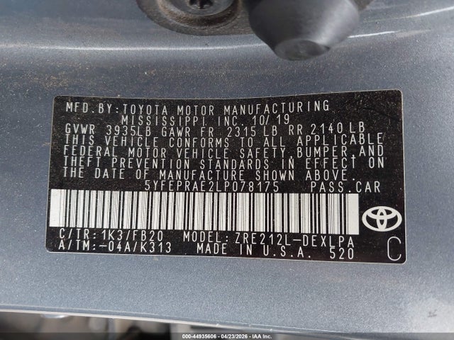 Aukcja sprzedaży 2020 Toyota Corolla Le, vin: 5YFEPRAE2LP078175, numer aukcji: 44935606
