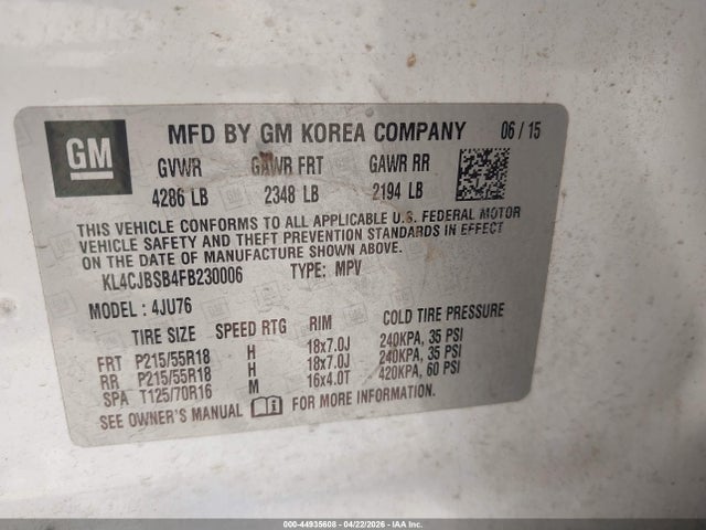 44935608 :رقم المزاد ، KL4CJBSB4FB230006 vin ، 2015 Buick Encore Convenience مزاد بيع