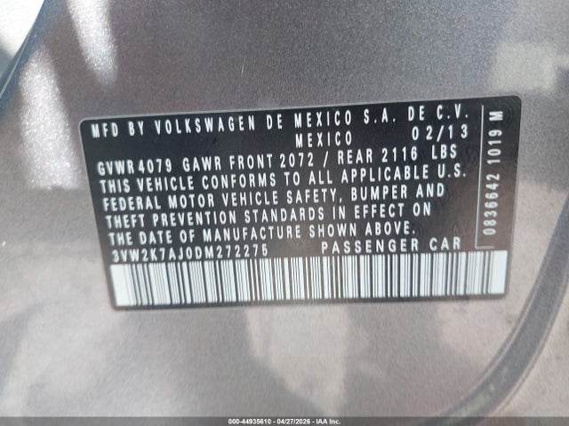 Продажа на аукционе авто 2013 Volkswagen Jetta 2.0l S, vin: 3VW2K7AJ0DM272275, номер лота: 44935610