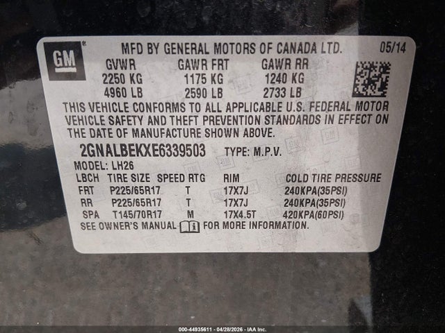 Chevrolet EQUINOX 1LT 2014 2GNALBEKXE6339503 Image 9