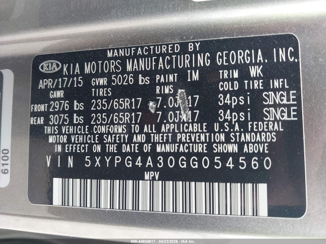 44935617 :رقم المزاد ، 5XYPG4A30GG054560 vin ، 2016 Kia Sorento 2.4l L مزاد بيع