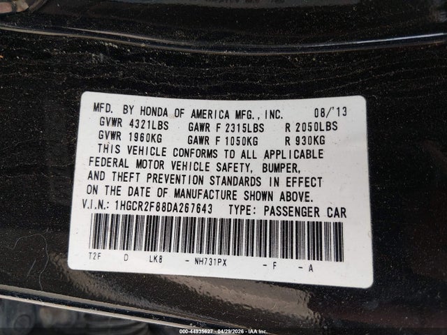 44935627 :رقم المزاد ، 1HGCR2F88DA267643 vin ، 2013 Honda Accord Ex-l مزاد بيع