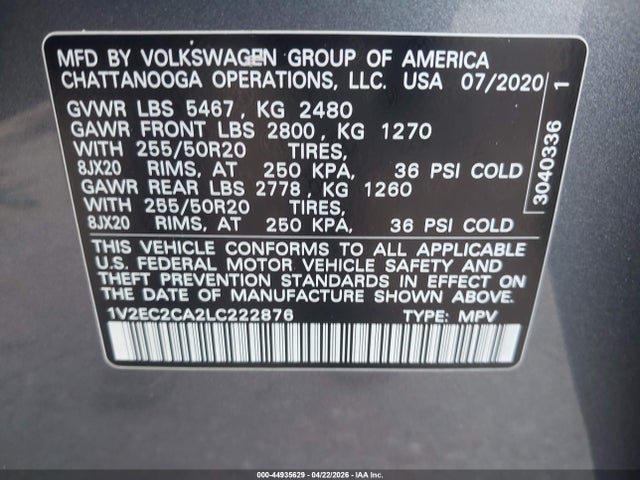 Aukcja sprzedaży 2020 Volkswagen Atlas Cross Sport 2.0t Sel/2.0t Sel R-line, vin: 1V2EC2CA2LC222876, numer aukcji: 44935629