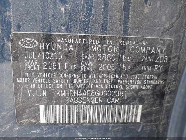 Aukcja sprzedaży 2016 Hyundai Elantra Value Edition, vin: KMHDH4AE8GU602381, numer aukcji: 44935633