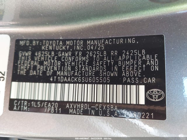 Продажа на аукционе авто 2025 Toyota Camry Se, vin: 4T1DAACK6SU605505, номер лота: 44935647