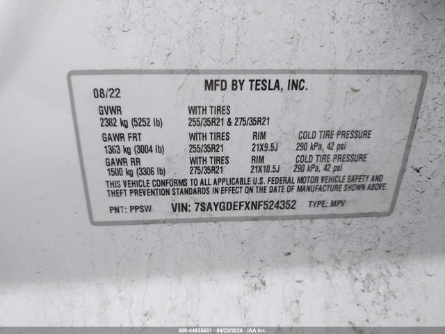 7SAYGDEFXNF524352 Tesla Model Y Performance Dual Motor All-wheel Drive