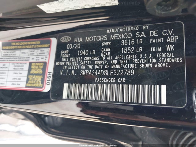 2020 Kia Rio S მანქანა იყიდება აუქციონზე, vin: 3KPA24AD8LE322789, აუქციონის ნომერი: 44935657