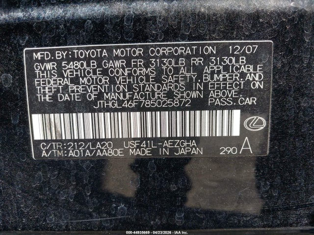 Aukcja sprzedaży 2008 Lexus Ls 460 L, vin: JTHGL46F785025872, numer aukcji: 44935669