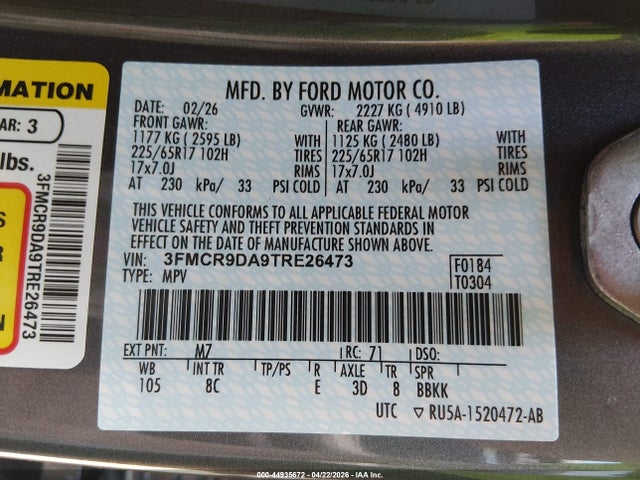44935672 :رقم المزاد ، 3FMCR9DA9TRE26473 vin ، 2026 Ford Bronco Sport Badlands مزاد بيع