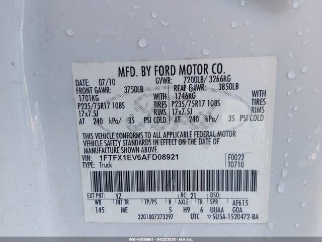 Продаж на аукціоні авто 2010 Ford F-150 Fx4/lariat/xl/xlt, vin: 1FTFX1EV6AFD08921, номер лоту: 44935681