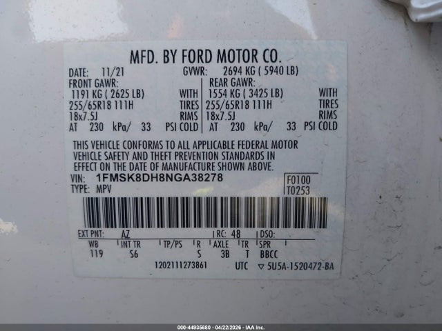 Продажа на аукционе авто 2022 Ford Explorer Xlt, vin: 1FMSK8DH8NGA38278, номер лота: 44935680