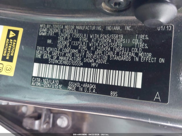 44935696 :رقم المزاد ، 5TDYK3EH8DS105594 vin ، 2013 Toyota Highlander Limited V6 مزاد بيع