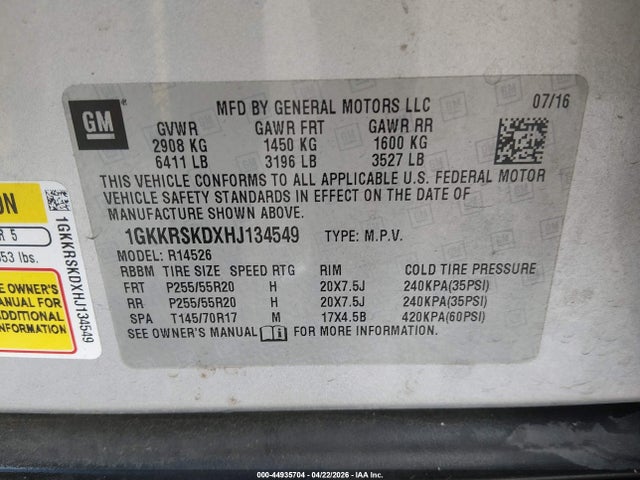 Продаж на аукціоні авто 2017 Gmc Acadia Limited, vin: 1GKKRSKDXHJ134549, номер лоту: 44935704