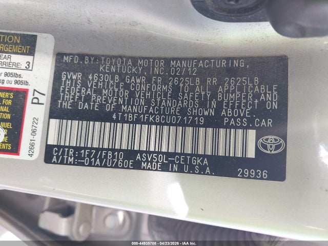 Продаж на аукціоні авто 2012 Toyota Camry Xle, vin: 4T1BF1FK8CU071719, номер лоту: 44935708