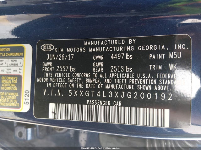Auction sale of the 2018 Kia Optima Lx, vin: 5XXGT4L3XJG200192, lot number: 44935707