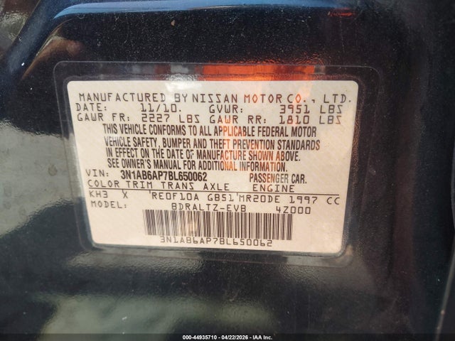44935710 :رقم المزاد ، 3N1AB6AP7BL650062 vin ، 2011 Nissan Sentra 2.0sr مزاد بيع