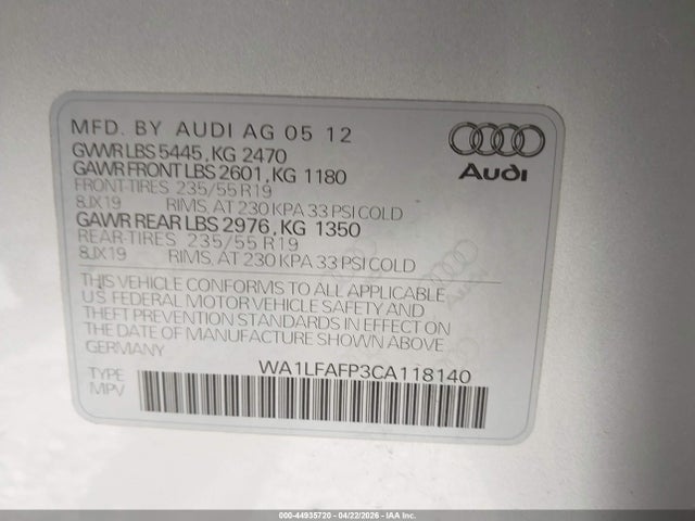 2012 Audi Q5 2.0t Premium მანქანა იყიდება აუქციონზე, vin: WA1LFAFP3CA118140, აუქციონის ნომერი: 44935720
