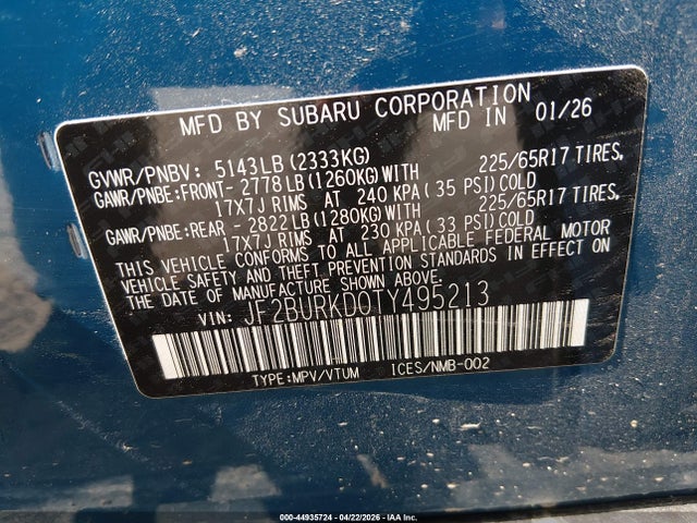 Продажа на аукционе авто 2026 Subaru Outback Wilderness, vin: JF2BURKD0TY495213, номер лота: 44935724