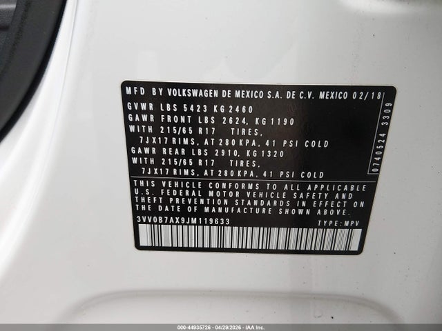 Продажа на аукционе авто 2018 Volkswagen Tiguan 2.0t S, vin: 3VV0B7AX9JM119633, номер лота: 44935726
