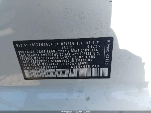 44935727 :رقم المزاد ، 3VW2T7BU3SM075409 vin ، 2025 Volkswagen Jetta Gli 2.0t Autobahn مزاد بيع