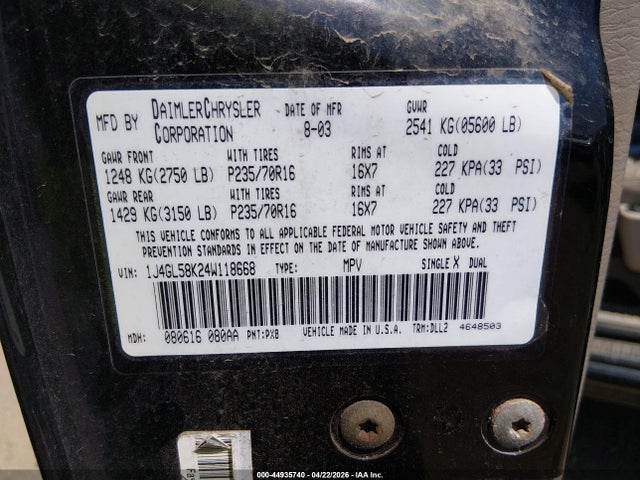 Aukcja sprzedaży 2004 Jeep Liberty Limited Edition, vin: 1J4GL58K24W118668, numer aukcji: 44935740