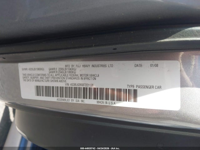 44935742 :رقم المزاد ، 4S3BL626087221136 vin ، 2008 Subaru Legacy 2.5i Limited مزاد بيع