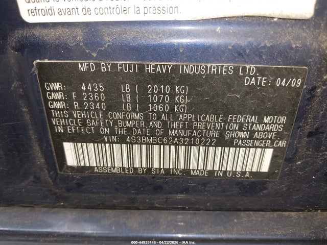 Aukcja sprzedaży 2010 Subaru Legacy 2.5i Premium, vin: 4S3BMBC62A3210222, numer aukcji: 44935748