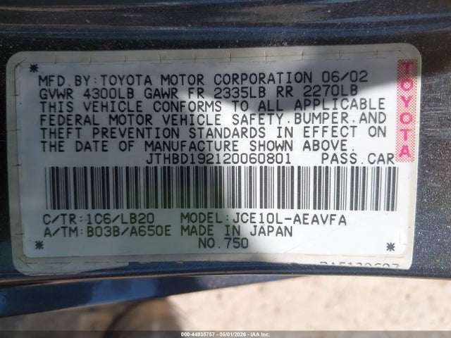 44935757 :رقم المزاد ، JTHBD192120060801 vin ، 2002 Lexus Is 300 مزاد بيع