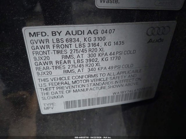 44935758 :رقم المزاد ، WA1BY74L47D097750 vin ، 2007 Audi Q7 3.6 Premium مزاد بيع