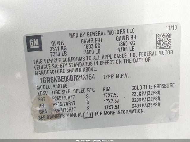 Aukcja sprzedaży 2011 Chevrolet Tahoe Lt, vin: 1GNSKBE09BR213154, numer aukcji: 44935764