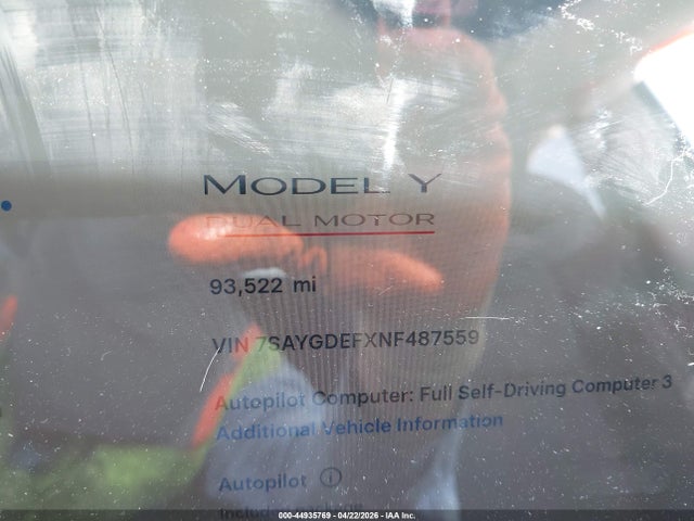 Продажа на аукционе авто 2022 Tesla Model Y Performance Dual Motor All-wheel Drive, vin: 7SAYGDEFXNF487559, номер лота: 44935769