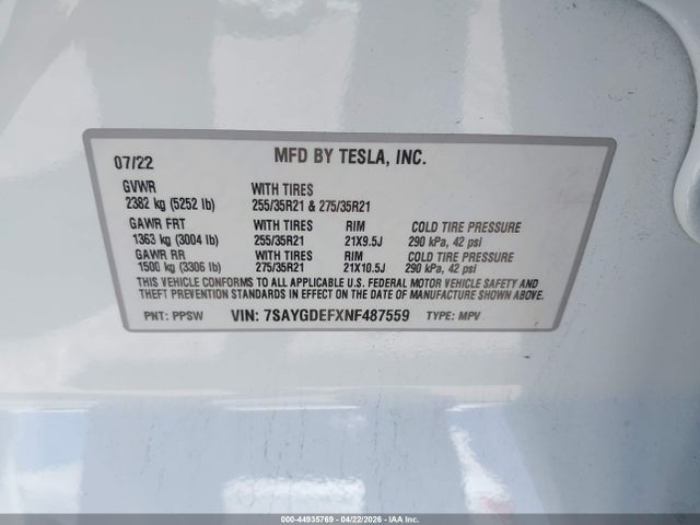Продажа на аукционе авто 2022 Tesla Model Y Performance Dual Motor All-wheel Drive, vin: 7SAYGDEFXNF487559, номер лота: 44935769