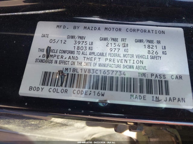 44935788 :رقم المزاد ، JM1BL1V83C1657734 vin ، 2012 Mazda Mazda3 I Touring مزاد بيع