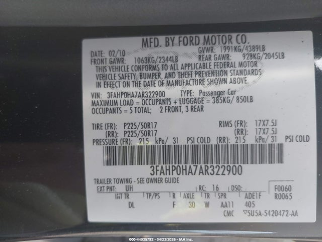 44935792 :رقم المزاد ، 3FAHP0HA7AR322900 vin ، 2010 Ford Fusion Se مزاد بيع