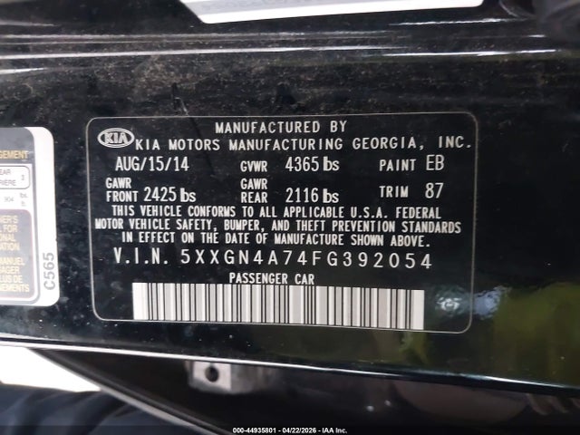 2015 Kia Optima Ex მანქანა იყიდება აუქციონზე, vin: 5XXGN4A74FG392054, აუქციონის ნომერი: 44935801