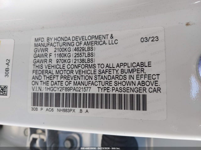 1HGCY2F89PA021577 Honda Accord Hybrid Touring