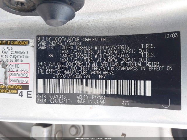 Aukcja sprzedaży 2004 Toyota Highlander, vin: JTEGD21A540086798, numer aukcji: 44935813