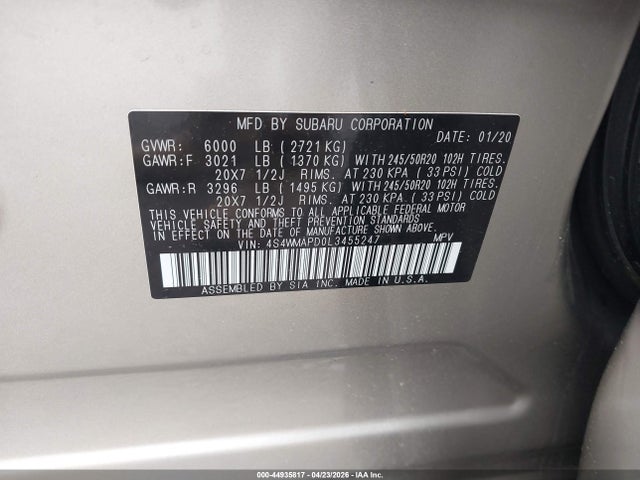 Auction sale of the 2020 Subaru Ascent Limited, vin: 4S4WMAPD0L3455247, lot number: 44935817
