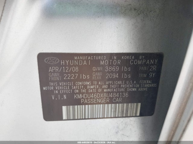 Aukcja sprzedaży 2008 Hyundai Elantra Gls/se, vin: KMHDU46DX8U484136, numer aukcji: 44935818