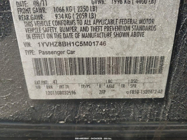 44935841 :رقم المزاد ، 1YVHZ8BH1C5M01746 vin ، 2012 Mazda Mazda6 مزاد بيع