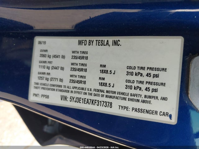 Aukcja sprzedaży 2019 Tesla Model 3 Long Range/mid Range/standard Range/standard Range Plus, vin: 5YJ3E1EA7KF317378, numer aukcji: 44935844