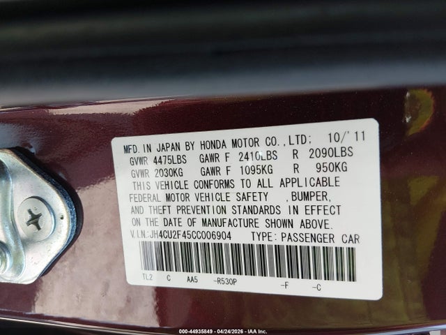 2012 Acura Tsx 2.4 მანქანა იყიდება აუქციონზე, vin: JH4CU2F45CC006904, აუქციონის ნომერი: 44935849