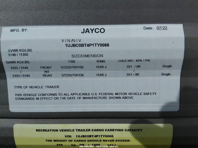 Продажа на аукционе авто 2023 Jayco Jayfl184bh, vin: 1UJBC0BT4P1TY0066, номер лота: 44935861